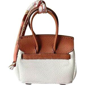 Women's White Brown Leather Cute Key Chain Mini Charm Clothing Pocket Tote Bag